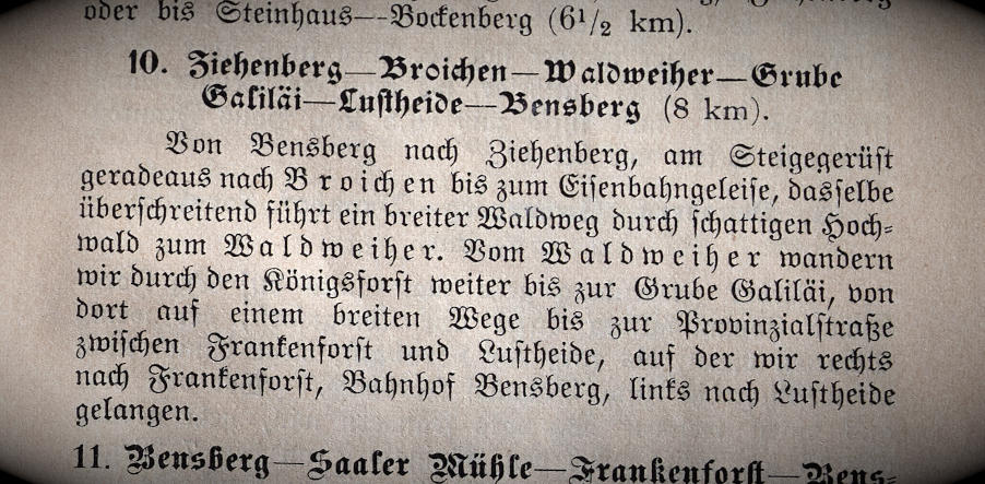 Textausschnitt aus dem historischen Wanderführer "Wanderungen durch Bensberg und Umgegend", der als Vorlage des Buchs von H.Schiele "1899 - Bensberg und Umgegend" dient.