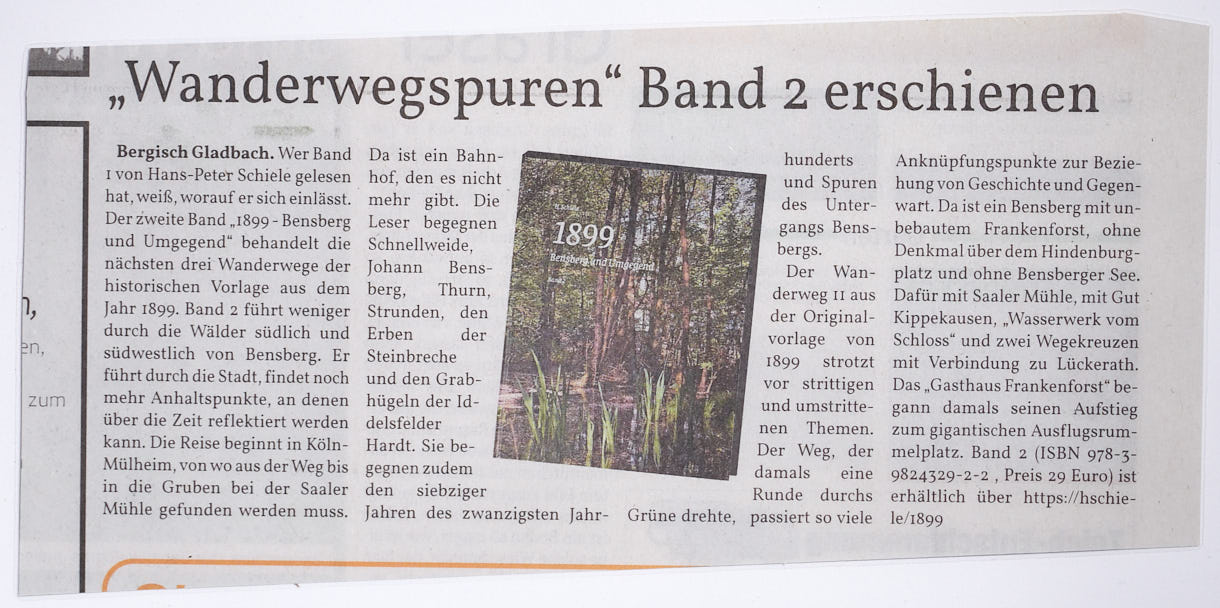 Zeitungsartikel aus dem Bergischen Handelsblatt über das Buch "1899 - Bensberg und Umgegend, Band 2" des Autors H.Schiele das im August 2024 erschien